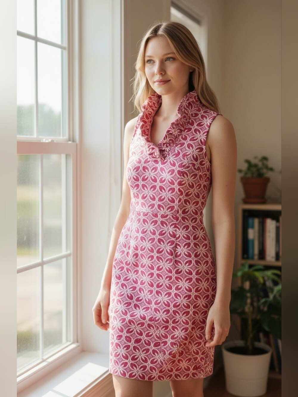 Tyler Boe Sleeveless Pink Retro Patterned Ruffle-Collar Dress Sz XS - Picture 1 of 6